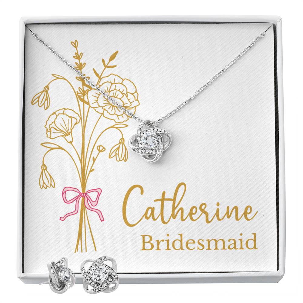 Personalized Bridesmaid Jewelry Set with Gold Line Art Birth Flower Bouquet & Custom Message Card