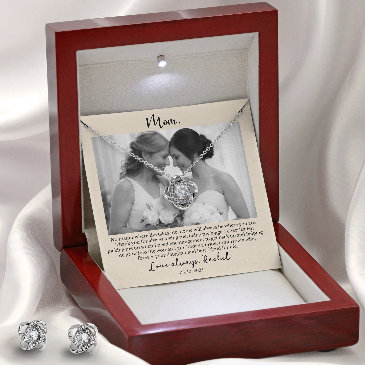 Personalized Mother of the Bride Gift from Daughter – Custom Love Knot Necklace & Earrings with Photo & Message