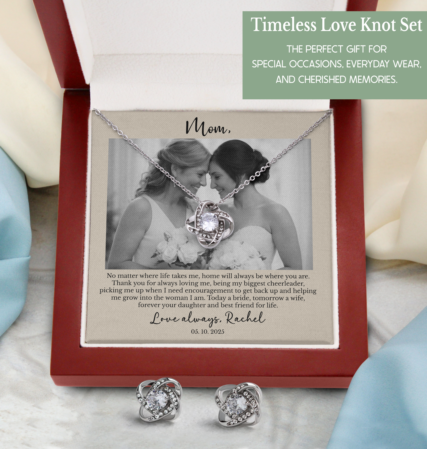 Personalized Mother of the Bride Gift from Daughter – Custom Love Knot Necklace & Earrings with Photo & Message