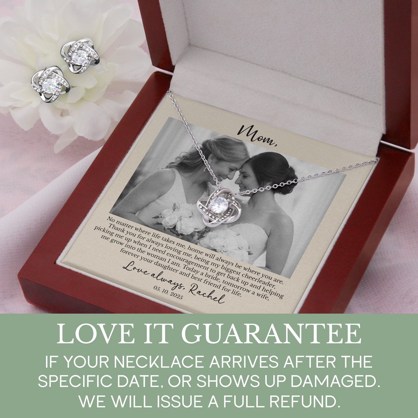 Personalized Mother of the Bride Gift from Daughter – Custom Love Knot Necklace & Earrings with Photo & Message