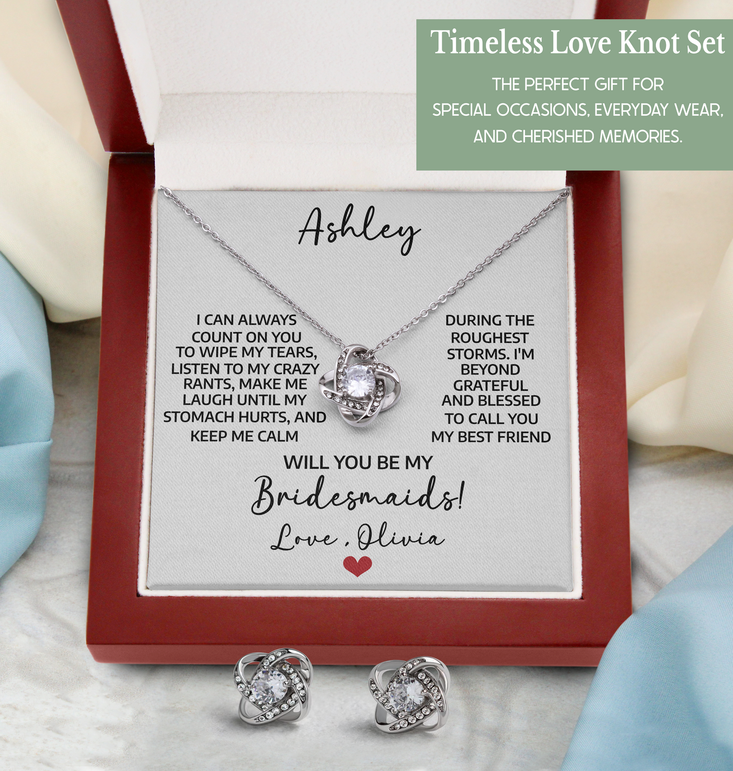 Personalized Bridesmaid Jewelry Proposal Gift Set – Love Knot Necklace & Earrings with Heartfelt Message Card