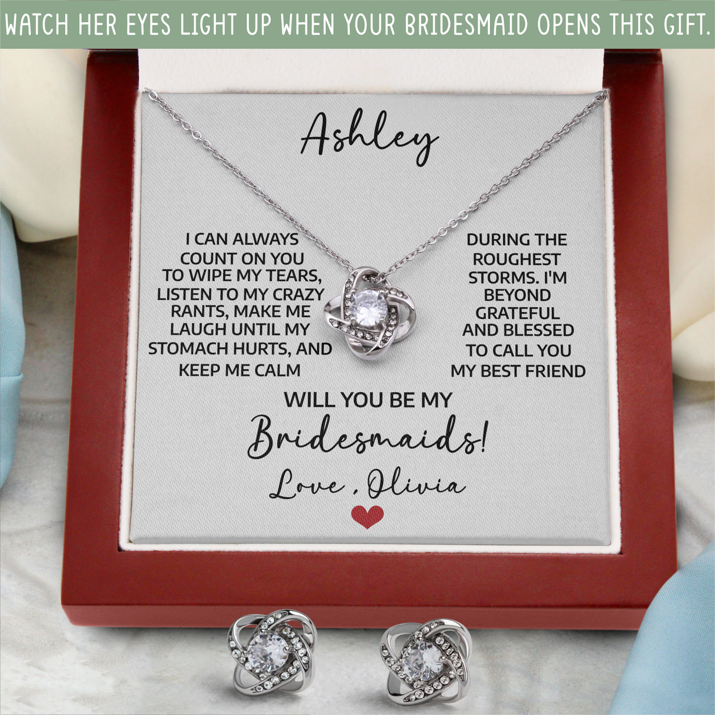 Personalized Bridesmaid Jewelry Proposal Gift Set – Love Knot Necklace & Earrings with Heartfelt Message Card