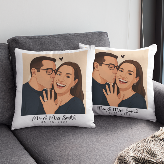 Custom Painted Couple Portrait Pillow – Personalized Engagement Gift