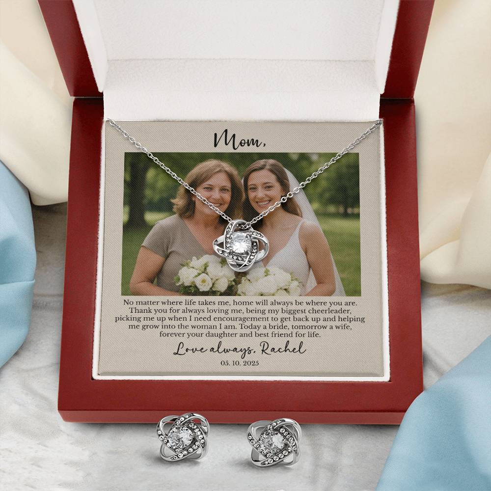 Personalized Mother of the Bride Gift from Daughter – Custom Love Knot Necklace & Earrings with Photo & Message