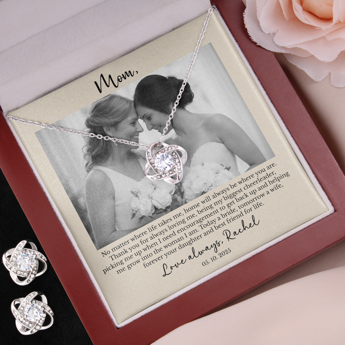 Personalized Mother of the Bride Gift from Daughter – Custom Love Knot Necklace & Earrings with Photo & Message