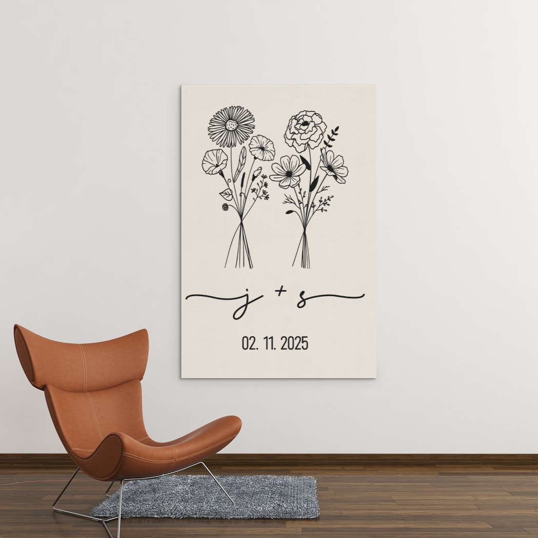 Personalized Birth Flower Canvas Art with Couple Initials & Date