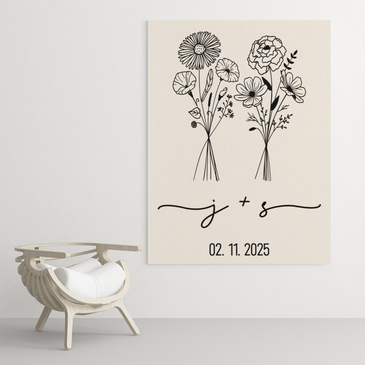 Personalized Birth Flower Canvas Art with Couple Initials & Date