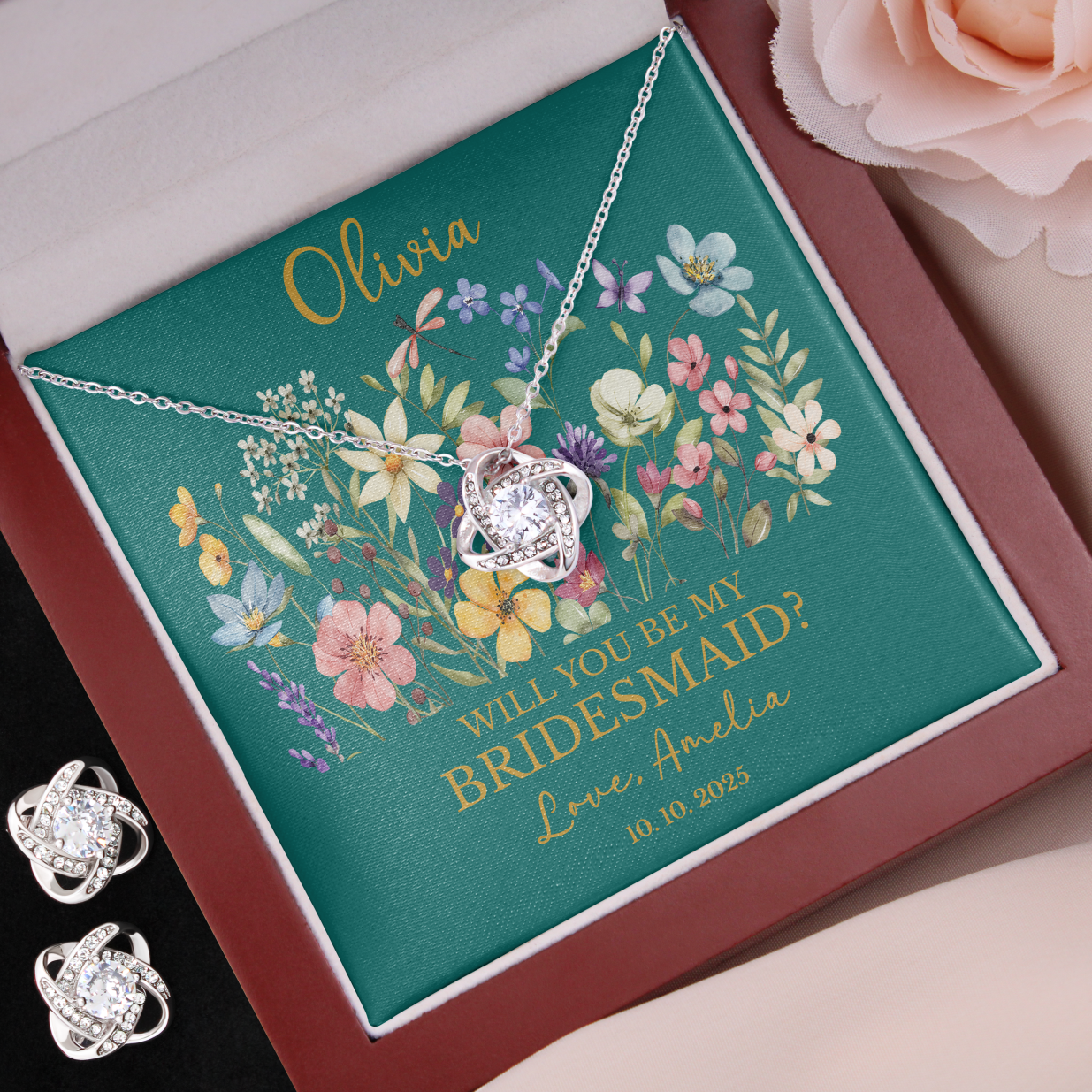 Personalized Flower Girl Jewelry Set with Custom Floral Message Card, Bridesmaid Proposal Jewelry Set