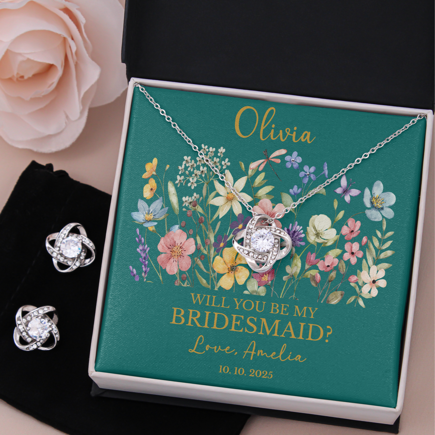 Personalized Flower Girl Jewelry Set with Custom Floral Message Card, Bridesmaid Proposal Jewelry Set