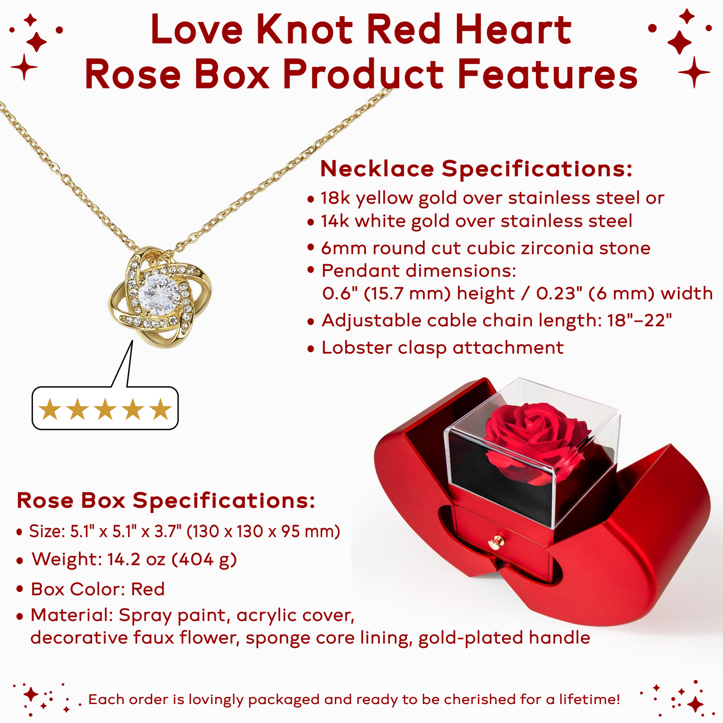 Personalized Rose & Love Knot Necklace Gift Set with Heart-Shaped Box & Custom Message Card