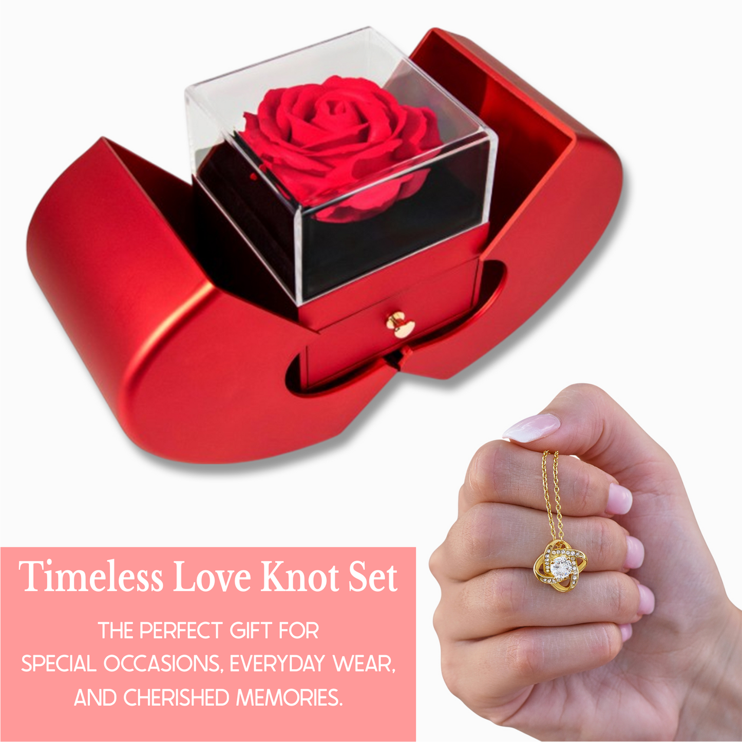 Personalized Rose & Love Knot Necklace Gift Set with Heart-Shaped Box & Custom Message Card