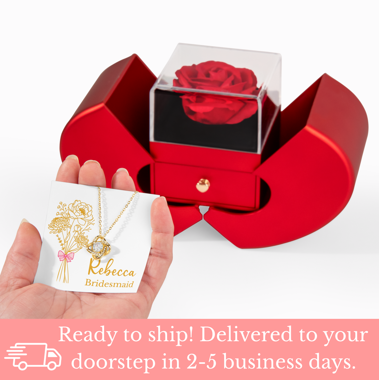 Personalized Rose & Love Knot Necklace Gift Set with Heart-Shaped Box & Custom Message Card