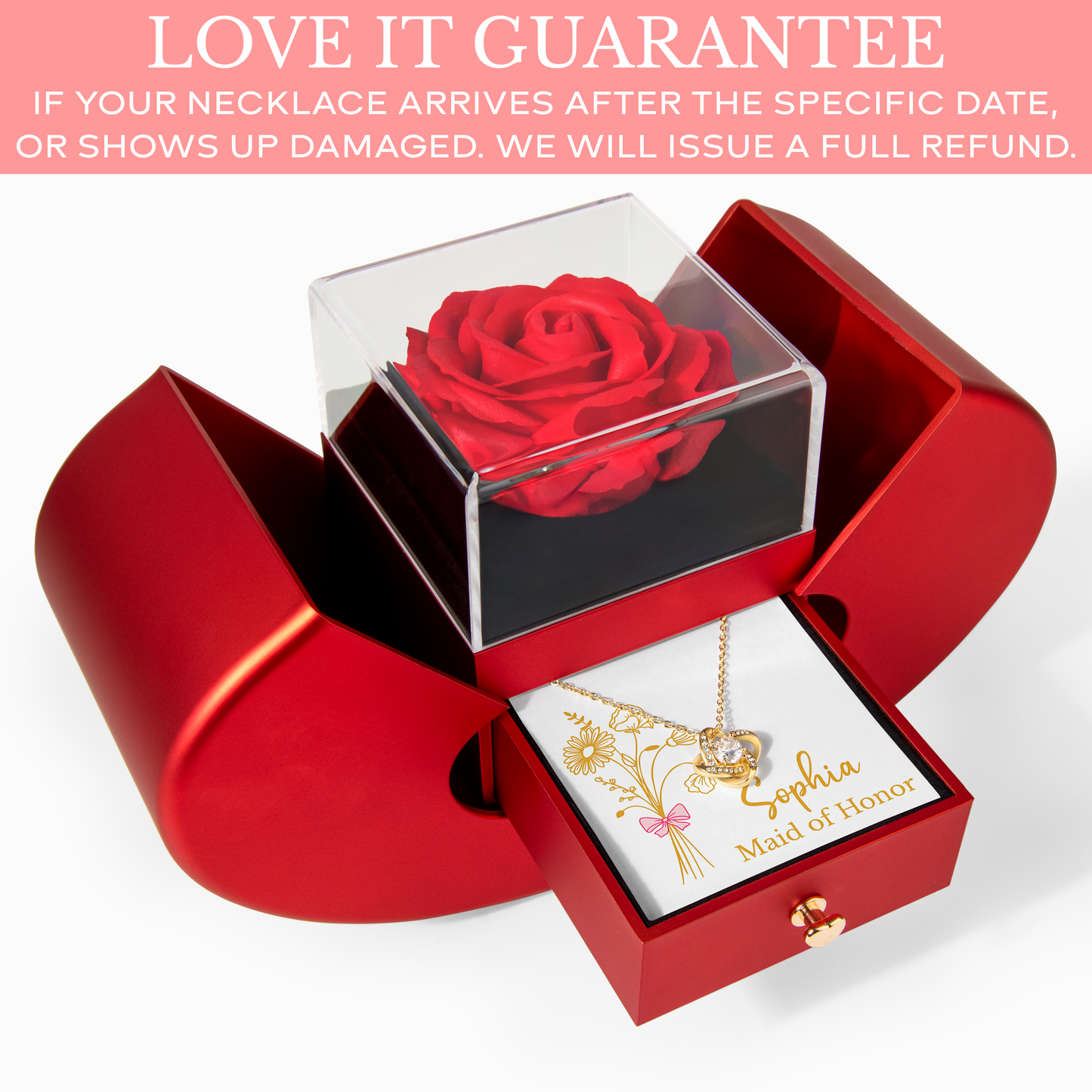 Personalized Rose & Love Knot Necklace Gift Set with Heart-Shaped Box & Custom Message Card