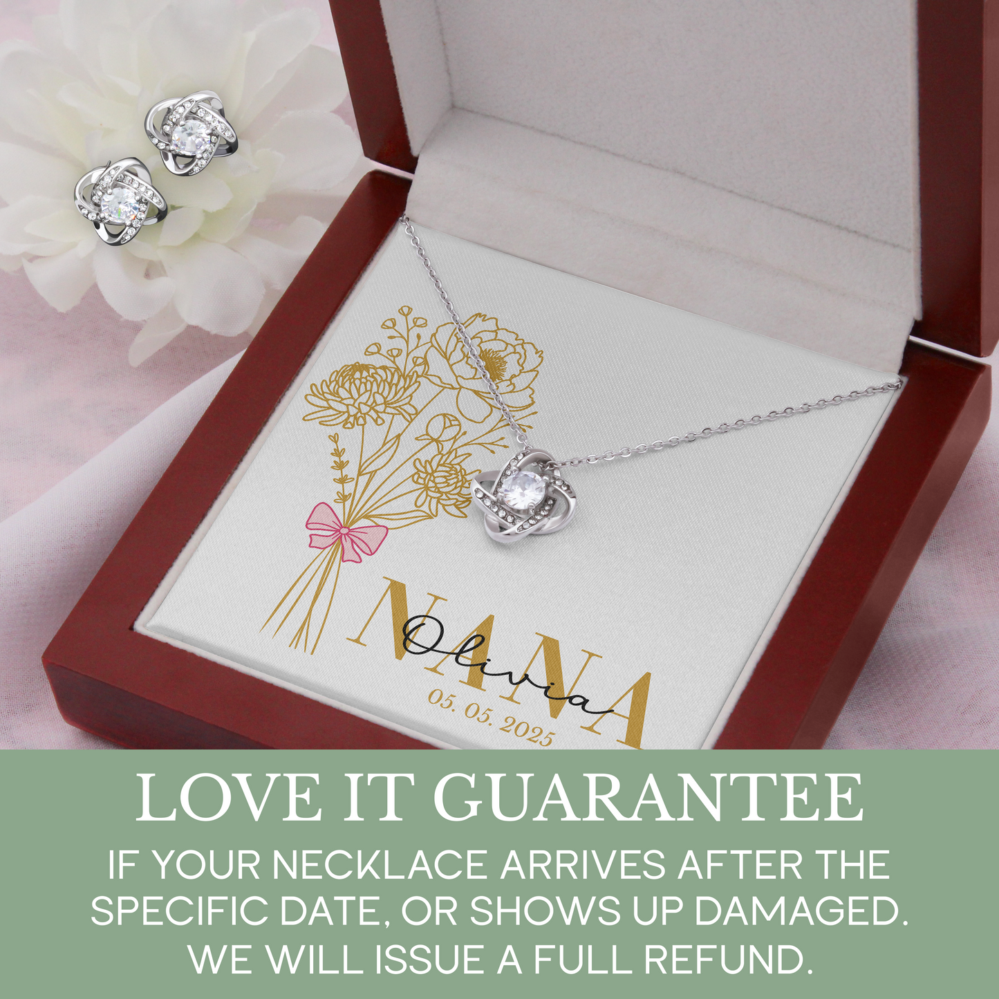 Personalized Mom Jewelry Set with Gold Birth Flower Bouquet and Custom Name & Date – New Mom Gift