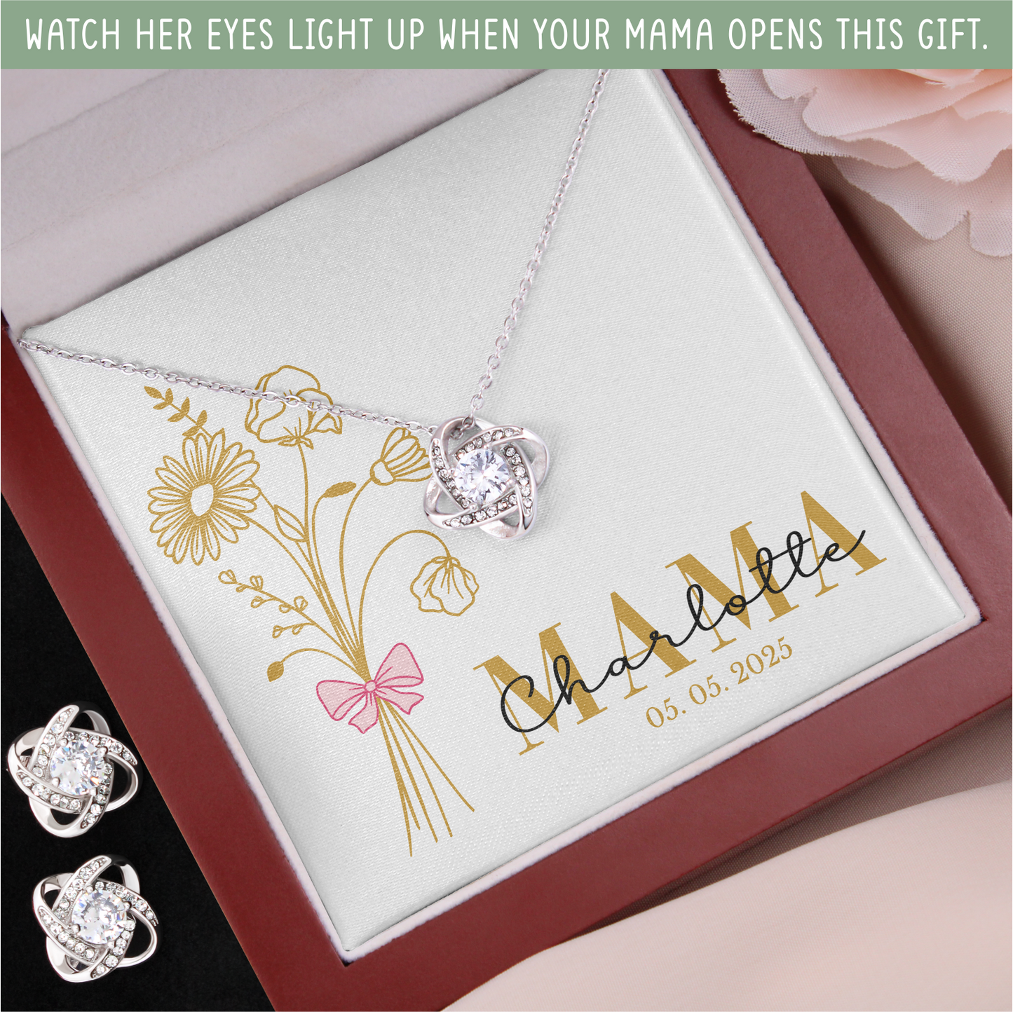 Personalized Mom Jewelry Set with Gold Birth Flower Bouquet and Custom Name & Date – New Mom Gift