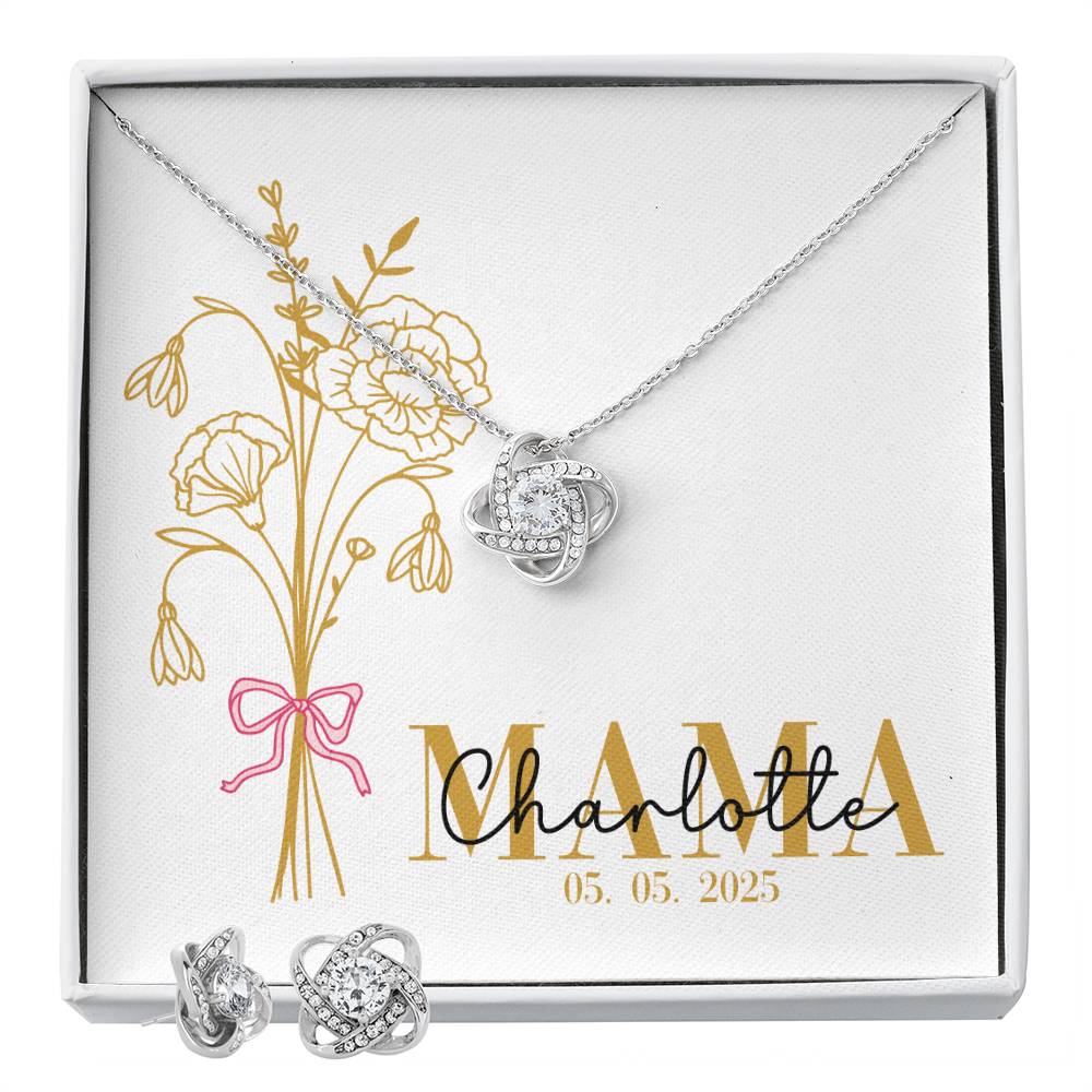 Personalized Mom Jewelry Set with Gold Birth Flower Bouquet and Custom Name & Date – New Mom Gift