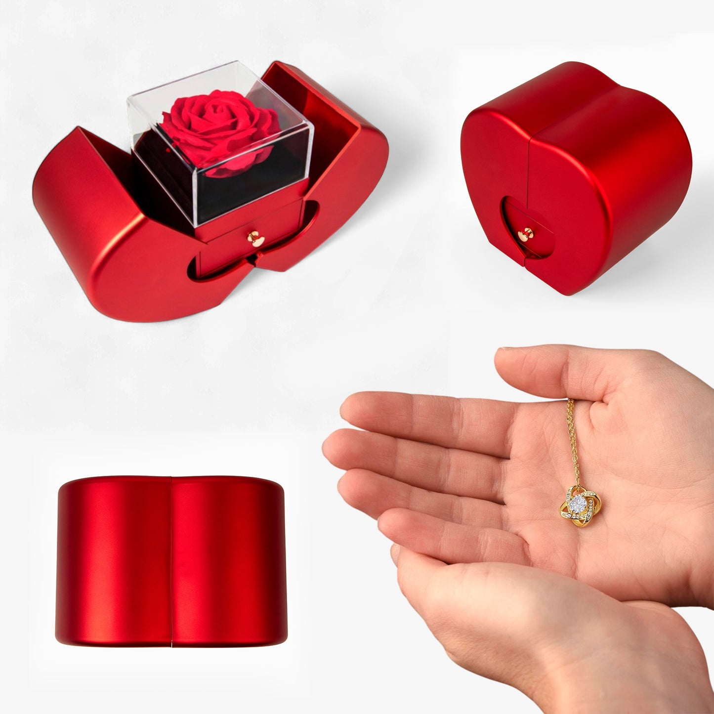 Personalized Rose & Love Knot Necklace Gift Set with Heart-Shaped Box & Custom Message Card