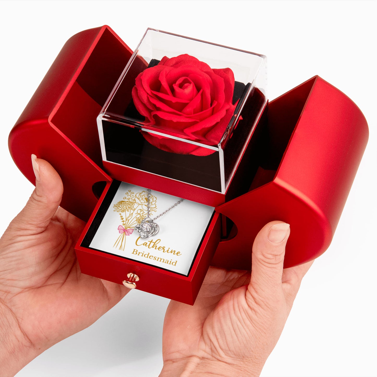 Personalized Rose & Love Knot Necklace Gift Set with Heart-Shaped Box & Custom Message Card