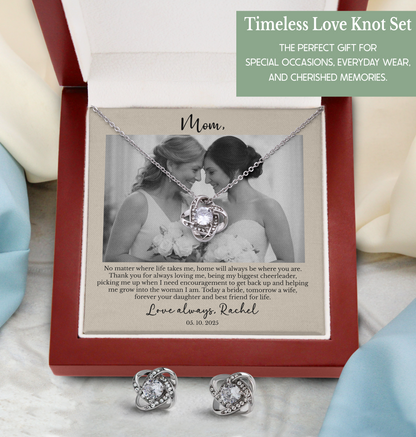 Personalized Mother of the Bride Gift from Daughter – Custom Love Knot Necklace & Earrings with Photo & Message