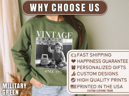 Personalised Vintage Photo Sweatshirt, Custom Photo Birthday Shirt, Vintage 30th Birthday Shirt, 40th Birthday Gift, Vintage 1995 Sweatshirt