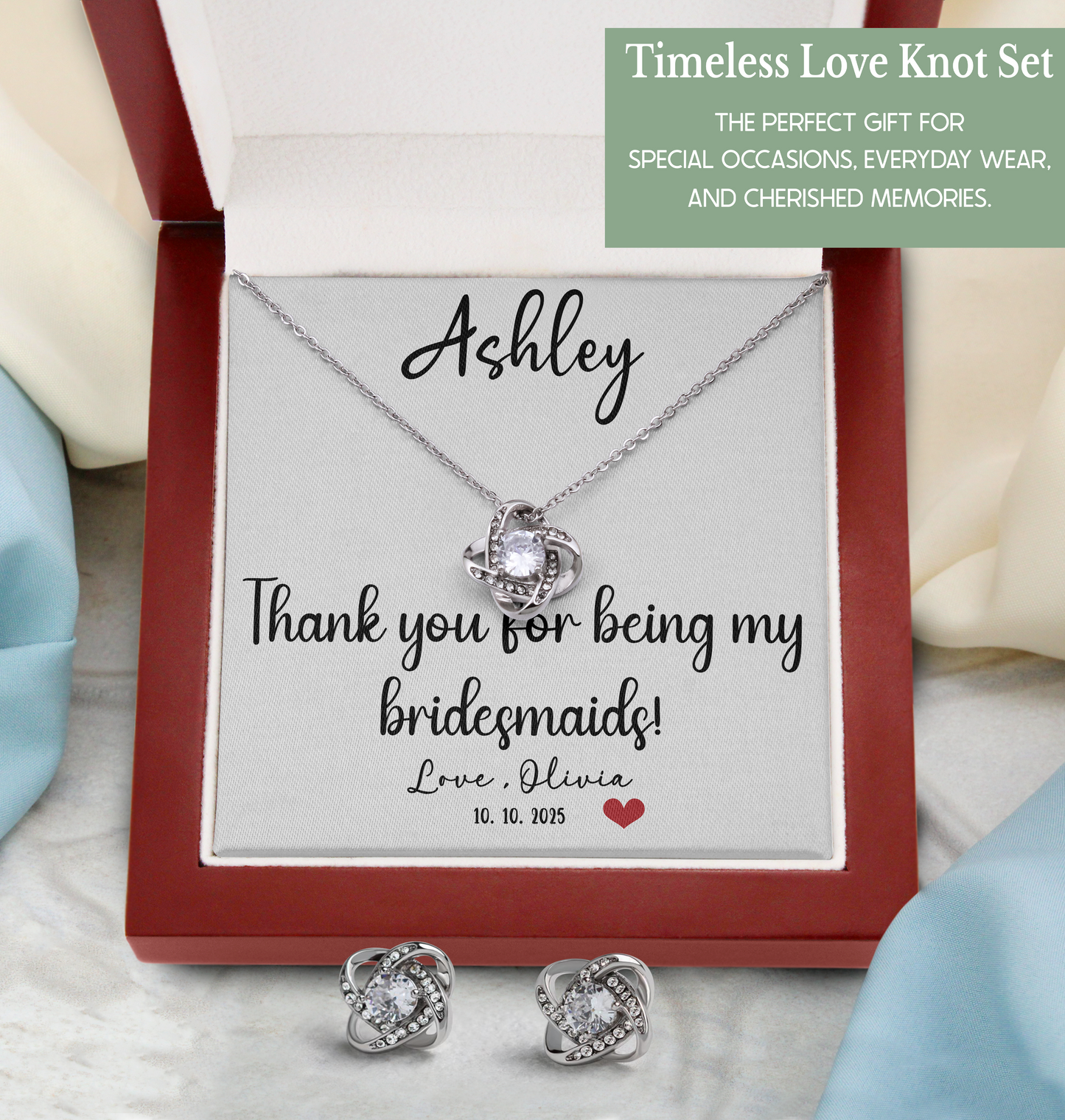Personalized bridesmaid jewelry set bridesmaid gifts love knot earrings