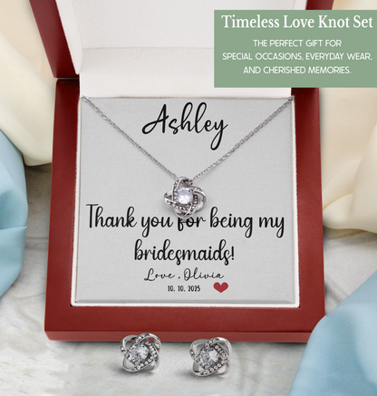 Personalized bridesmaid jewelry set bridesmaid gifts love knot earrings