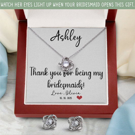 Personalized bridesmaid jewelry set bridesmaid gifts love knot earrings