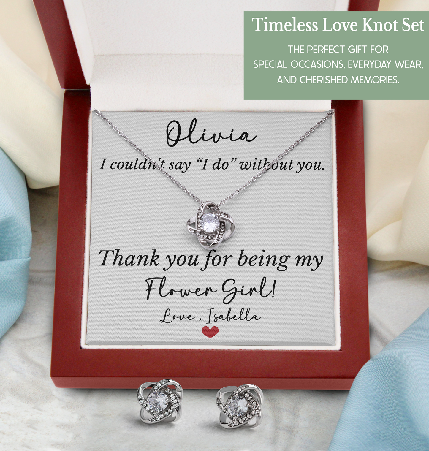 Personalized Bridesmaid, Flower Girl, Maid Of Honor Jewelry Gift Set – Love Knot Necklace & Earrings with Custom Thank You Card