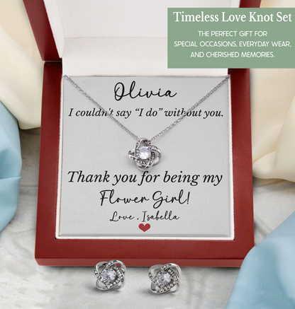 Personalized Bridesmaid, Flower Girl, Maid Of Honor Jewelry Gift Set – Love Knot Necklace & Earrings with Custom Thank You Card