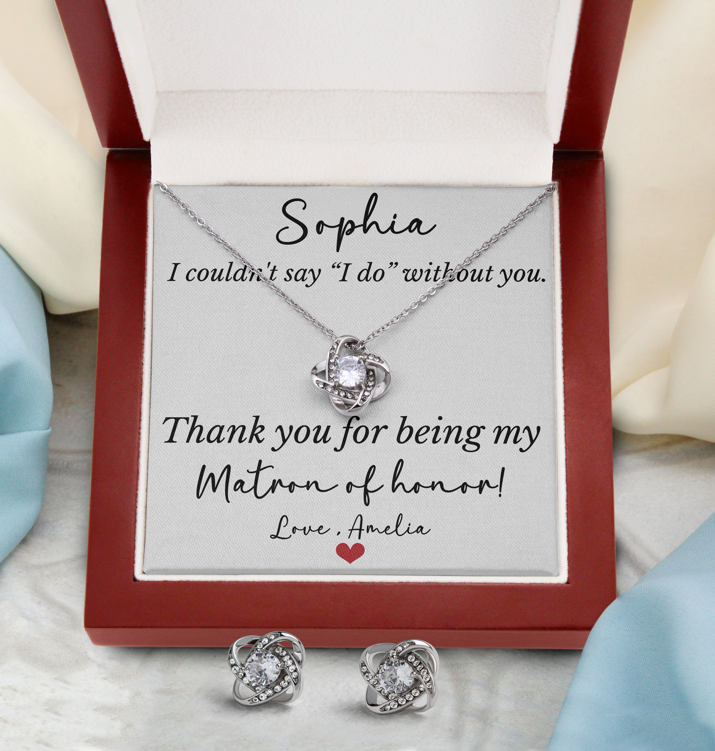 Personalized Bridesmaid, Flower Girl, Maid Of Honor Jewelry Gift Set – Love Knot Necklace & Earrings with Custom Thank You Card