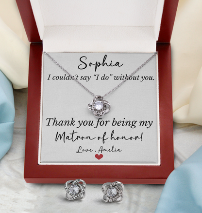 Personalized Bridesmaid, Flower Girl, Maid Of Honor Jewelry Gift Set – Love Knot Necklace & Earrings with Custom Thank You Card