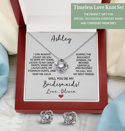 Personalized Bridesmaid Jewelry Proposal Gift Set – Love Knot Necklace & Earrings with Heartfelt Message Card