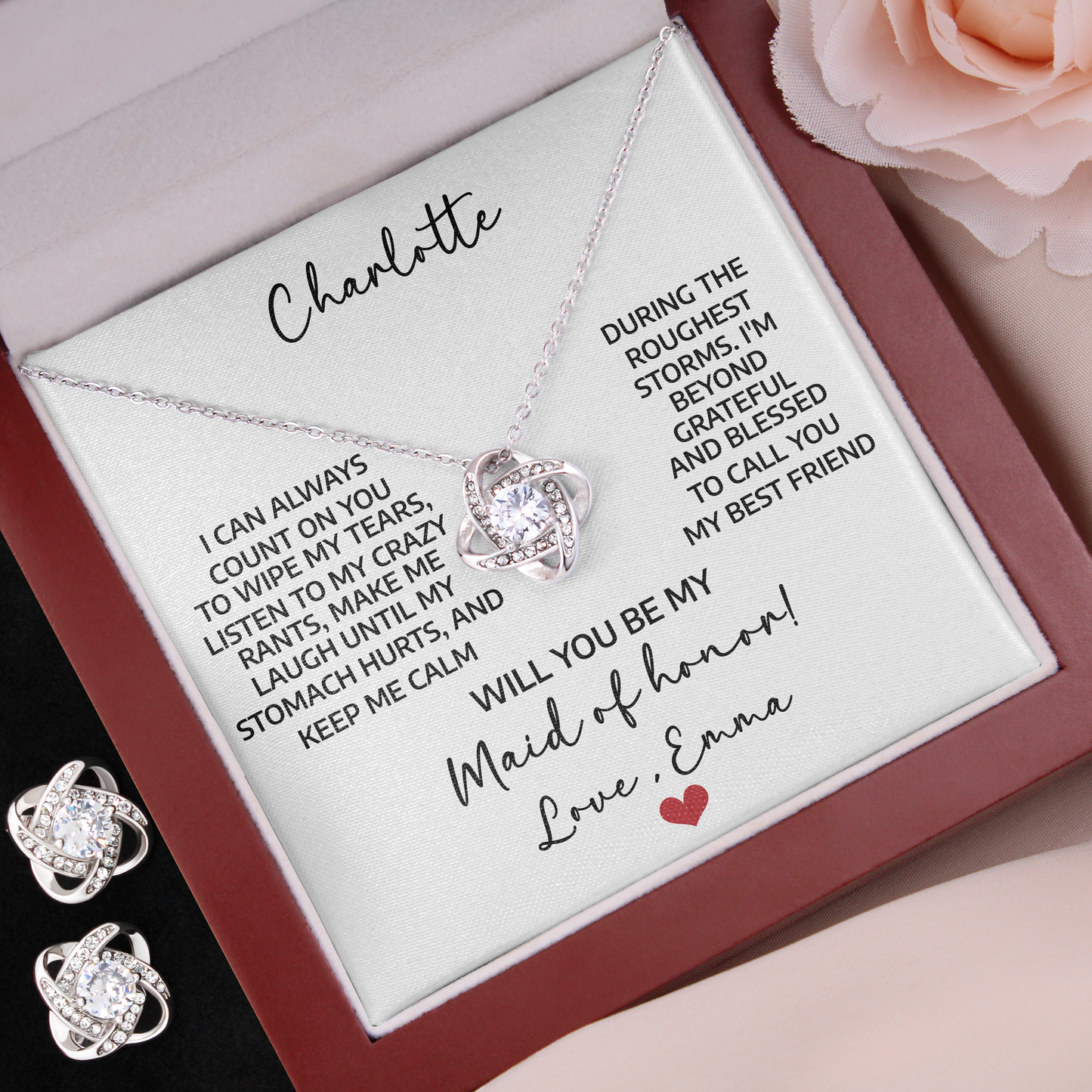 Personalized Bridesmaid Jewelry Proposal Gift Set – Love Knot Necklace & Earrings with Heartfelt Message Card