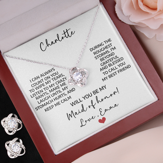 Personalized Bridesmaid Jewelry Proposal Gift Set – Love Knot Necklace & Earrings with Heartfelt Message Card