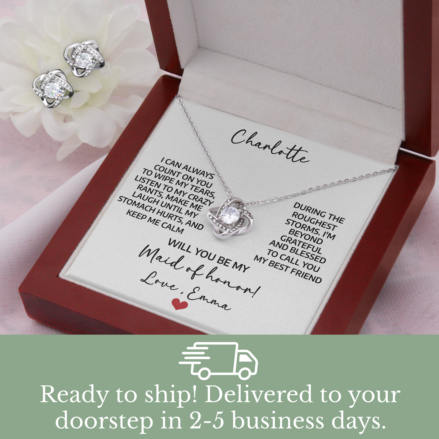 Personalized Bridesmaid Jewelry Proposal Gift Set – Love Knot Necklace & Earrings with Heartfelt Message Card