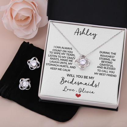 Personalized Bridesmaid Jewelry Proposal Gift Set – Love Knot Necklace & Earrings with Heartfelt Message Card