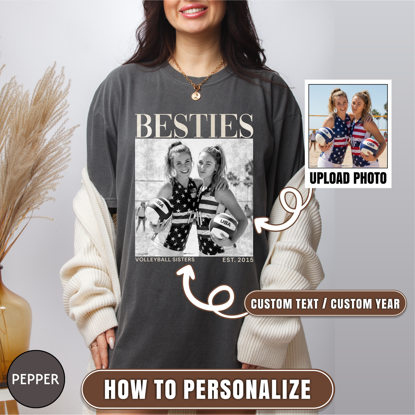 Custom Volleyball Besties Photo Shirt, Vintage 90s Custom Bootleg Shirt, Personalized BFF Gift, Birthday Gift For Bestie