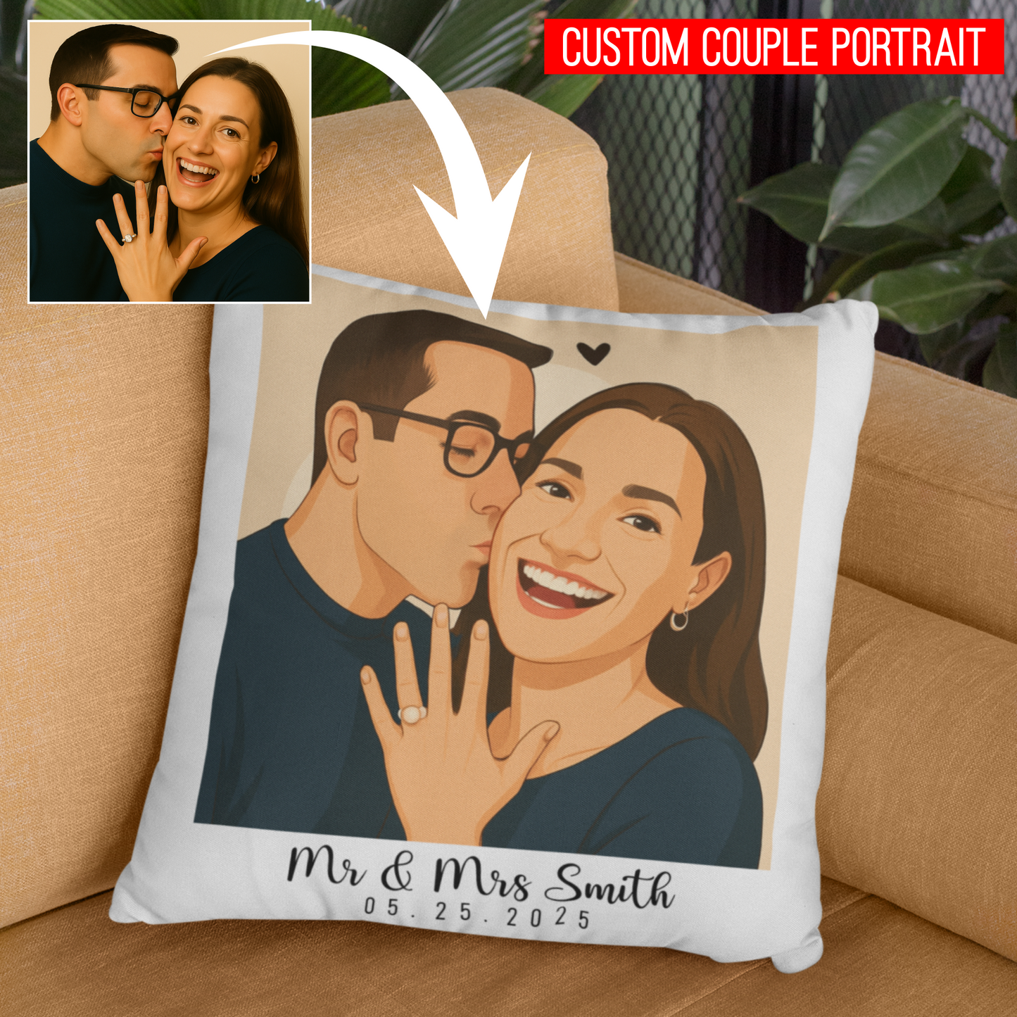 Custom Painted Couple Portrait Pillow – Personalized Engagement Gift