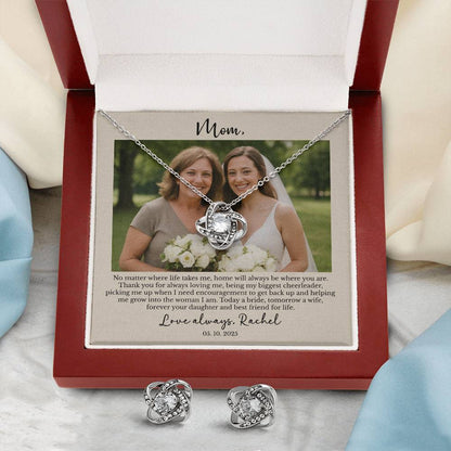Personalized Mother of the Bride Gift from Daughter – Custom Love Knot Necklace & Earrings with Photo & Message