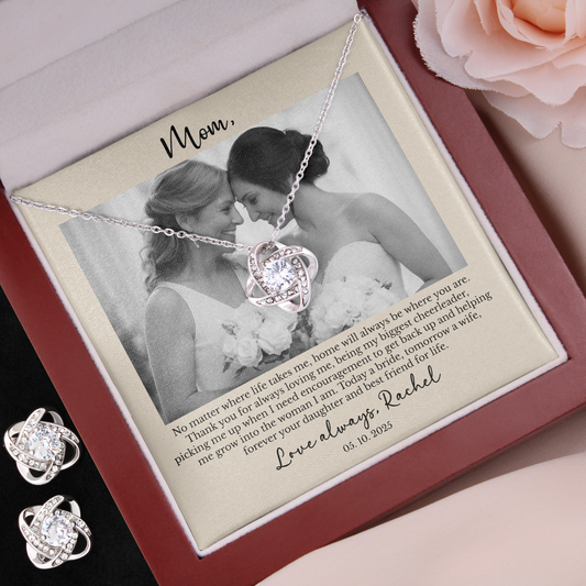 Personalized Mother of the Bride Gift from Daughter – Custom Love Knot Necklace & Earrings with Photo & Message