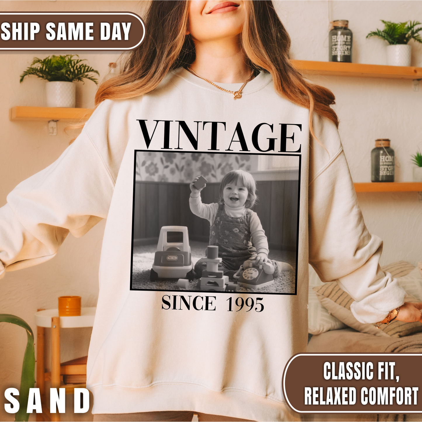 Personalised Vintage Photo Sweatshirt, Custom Photo Birthday Shirt, Vintage 30th Birthday Shirt, 40th Birthday Gift, Vintage 1995 Sweatshirt