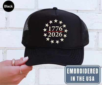 USA 250th Anniversary Embroidered Hat, 1776 2026 Patriotic Trucker Cap