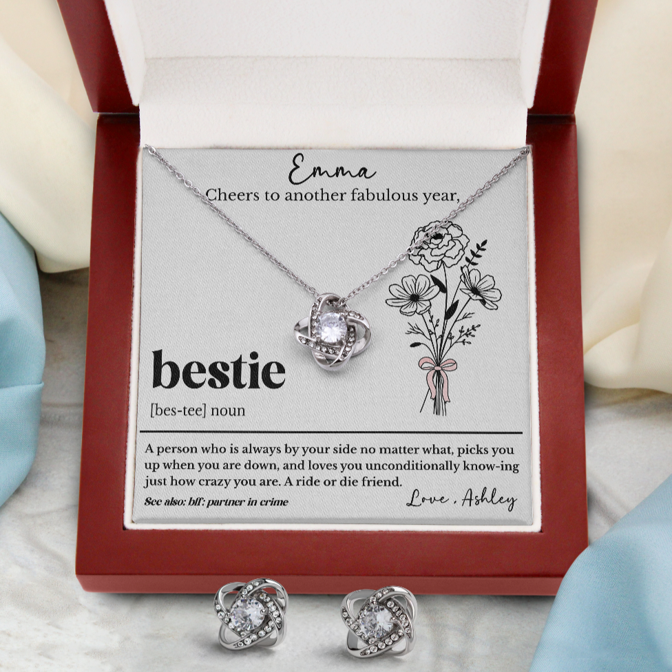 Personalized Bestie Birthday Necklace with Custom Friendship Message Card with Birth Flower