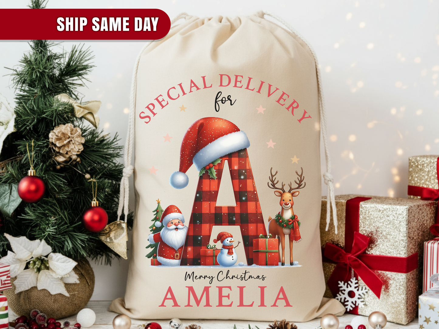 Personalised Santa Sack, Initial Christmas Gift Bag, Christmas Sacks, Christmas eve bag,