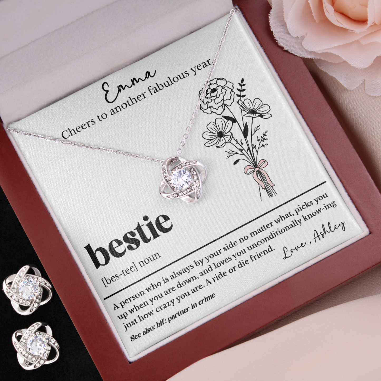 Personalized Bestie Birthday Necklace with Custom Friendship Message Card with Birth Flower