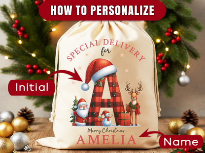 Personalised Santa Sack, Initial Christmas Gift Bag, Christmas Sacks, Christmas eve bag,