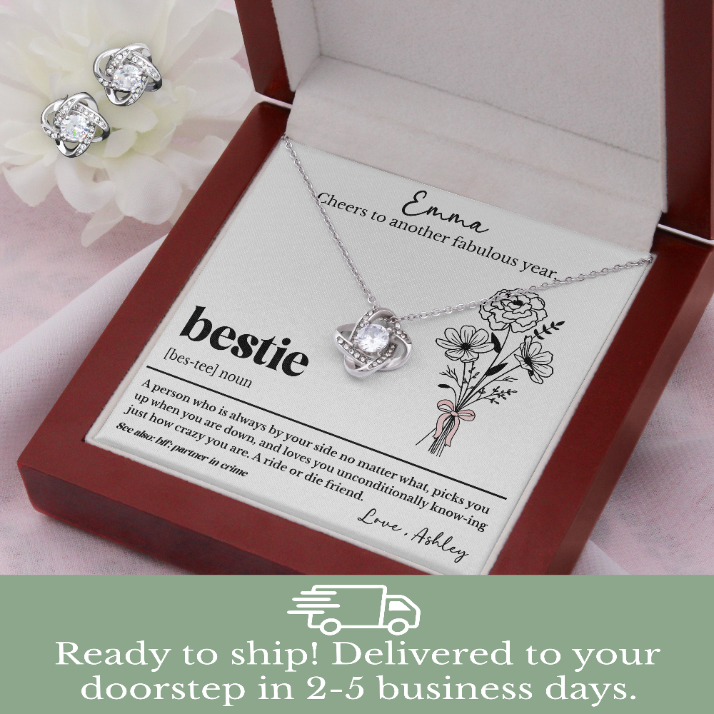 Personalized Bestie Birthday Necklace with Custom Friendship Message Card with Birth Flower