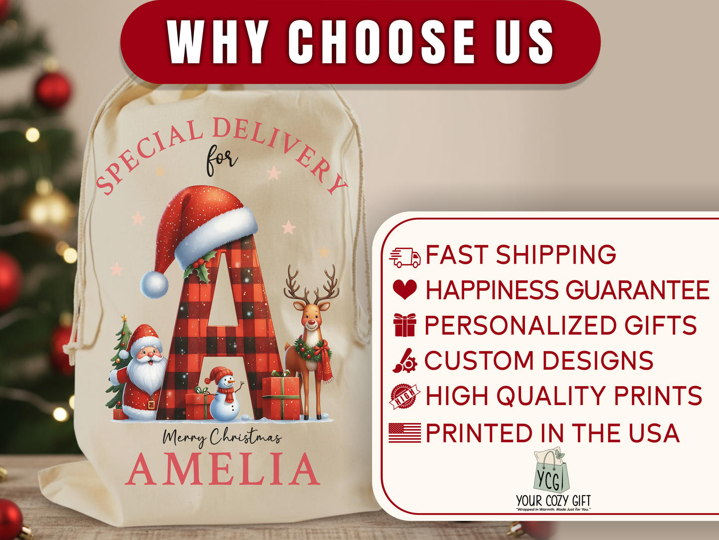 Personalised Santa Sack, Initial Christmas Gift Bag, Christmas Sacks, Christmas eve bag,