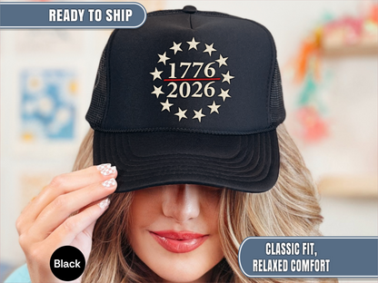 USA 250th Anniversary Embroidered Hat, 1776 2026 Patriotic Trucker Cap