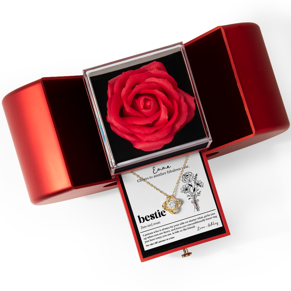Personalized Bestie Birthday Love Knot Necklace Gift Set with Birth Flower & Red Heart Rose Box